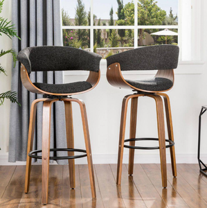 lot 10 image: 2PCS Glitzhome 29.50 in. Seat Height Modern Wood Fabric Black 360°Swivel Bar Stool With Low Back