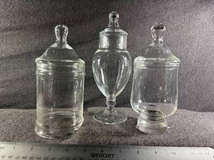 lot 45-K2025 image: Set of Three Hand-Blown Apothecary Jars with Teardrop Lids