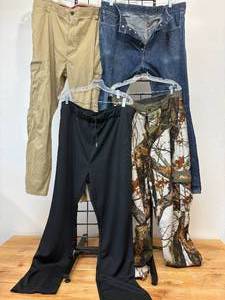 lot 68-K2025 image: Excellent Condition Pants  4 Pairs Levis 501s 42x32, Wrangler Cargo 42x30, Insect Sheild XXL, Scent Lok Large