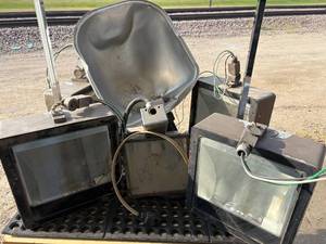 lot 73-K2025 image: Six Industrial Halogen Lights  Includes Smaller Box, Ceramic Ballast, Aluminum Shade with Cast-Iron Casing, and Electric Cord