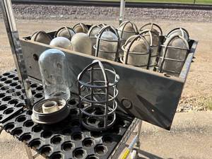 lot 81-K2025 image: Large Lot of 14 Antique Lead Glass Industrial Bullet Lights with 8 Ceramic Sockets & 13 Aluminum Cages