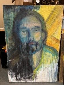 lot 96 image: LARGE Oil on canvas Portrait (Appears to have intentional damage)