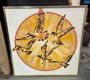 lot 98 image: Very cool Mid Century oil on canvas Painting - Birds in Flight