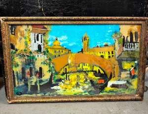 lot 101 image: Vintage Reverse Painted European Scene Painting (Some Damage to rear)