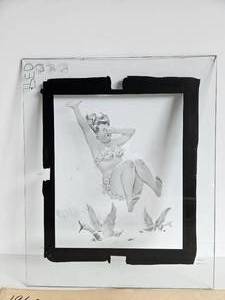 lot 111 image: Original Vintage Pre - Production Glass Panel - HILDA Pinup Print Jumping In a Pond