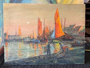lot 122 image: Mid Century (Dutch) Fisherman Scene Oil on Canvas