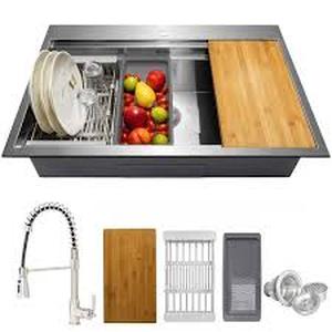 AKDY Handmade All-in-One Topmount Stainless Steel 33 in. x 22 in. Single Bowl Kitchen Sink w/ Spring Neck Faucet, Accessory    Customer Returns See Pictures