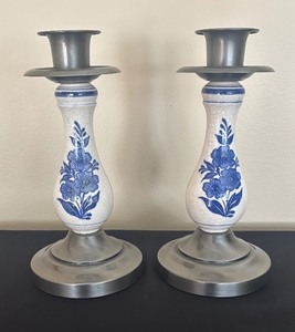 lot 21 image: Pair of Vintage Blue and White Ceramic Candle Holders