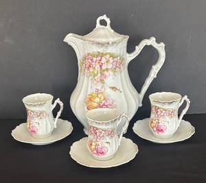 lot 24 image: Fancy Vintage Coffee  Teapot with Three Cups and Saucers
