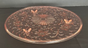 lot 27 image: Vintage Tiffin Glass Shaggy Rose Pink Depression Glass Cake Plate