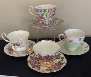 lot 75 image: Four Fancy Teacups with Saucers by Royal Standard, Rosina, Royal Albert and More