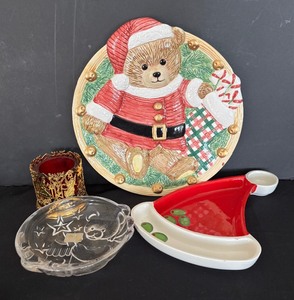 lot 114 image: Mikasa Dish, Festive Lotus Plate, Department 56 Santa Hat Dish and Golden Candle Holder