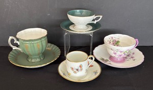 lot 122 image: Fancy Teacups and Demitasse Teacups with Saucers by Crown Staffordshire, Limoges of France, Eschenbach and Rosina