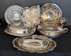lot 123 image: Vintage Silver Plated Platters, Butter Dish, Casserole Dish, Cup and More