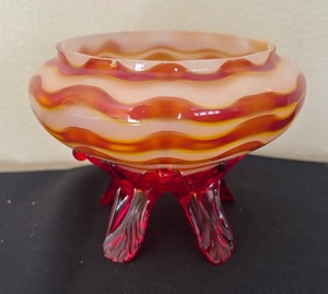 lot 135 image: Hand Blown Art Glass Vase with Wavy Pattern in Yellow and Orange with Clear Glass Feet