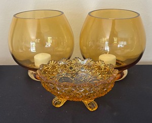 lot 136 image: Fenton Amber Glass Daisy and Button Dish with Two Amber Glass Candle Holders
