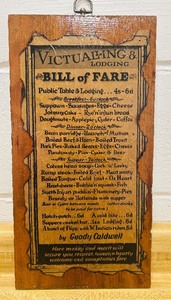 lot 89 image: Plaque Reproduction Colonial Bill of Fare or Menu from Victualling and Lodging