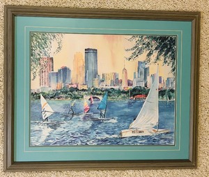 lot 48 image: Framed Limited Edition Watercolor Print of Minneapolis Skyline Viewed From Lake Bde Maka Ska, Formally Lake Calhoun