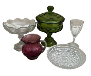 lot 190 image: Vintage Indiana Glass Kings Crown Thumbprint Pedestal Candy Dish, Cranberry Pitcher, Crystal Compote and More