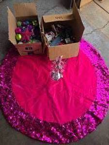 lot 5 image: 48 Inch Velvet & Sequin Tree Skirt, 2-Boxes Ornaments & Decor, Silver Tree with Pink Gems