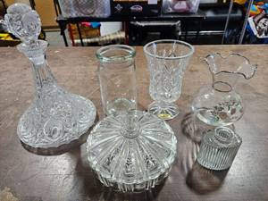 lot 42 image: Lot Of Crystal GODINGER Lotus Candleholders, Other Decanter, Vases, Candy Dish, More