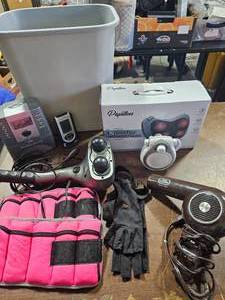 lot 19 image: Shiatsu Massager Pillow, Weights, Radio, Digital Bank, Includes Large Trash Can
