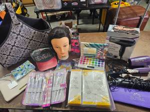 lot 20 image: Burmax Allison Styling Head, Make-Up & Brushes, Shadow Palette, Hair Implements, Includes Tote Bag