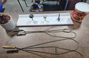 lot 21 image: Vintage Rug Beaters, Crock Jug, Wall Hooks Made Of Old Door Knobs