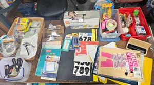 lot 22 image: Lot Of Office Supplies Stencils, Clip Boards, Scissors, Tape, Glue Gun, More