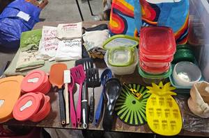 lot 23 image: Lg Lot Of Kitchen Accessories Tupperware & Other Food Storage, Utensils, Towels