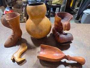 lot 59 image: Carved Wood Boots, Gourd, Scoop (Look Handmade)