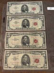 lot 67 image: 1963 Red Seal $5 Dollar Notes