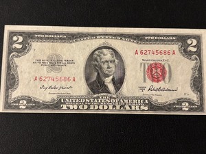 lot 72 image: 1953 A Red Seal $2 Dollar Note Uncirculated