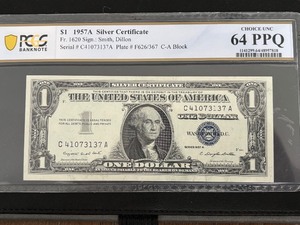 lot 24 image: 1957 A Blue Seal $1 Dollar Silver Certificate PCGS 64 PPQ Choice Uncirculated