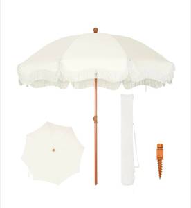 lot 118 image: Fringed Patio Umbrella Set with Carry Bag and Ground Anchor $89.99 Retail - Brand New