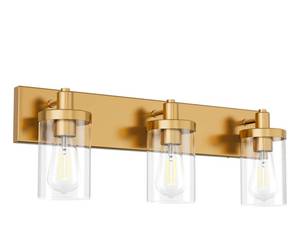 lot 140 image: Aipsun 3-Light Vanity Wall Sconce Clear Glass Gold Finish $89.99 Retail - Brand New
