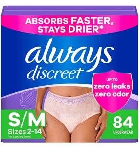 lot 166 image: Always Discreet Incontinence Underwear SM 84 Count $55.68 Retail - Brand New