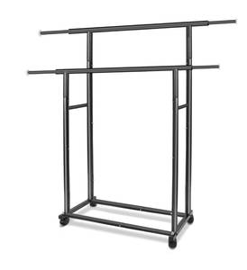 lot 201 image: Double-Bar Adjustable Rolling Garment Rack Black $39.99 Retail - Brand New