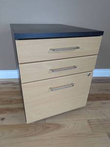lot 73 image: Three-Drawer Wooden Filing Cabinet