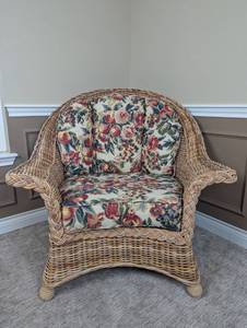 lot 100 image: Wicker Armchair with Floral Cushions