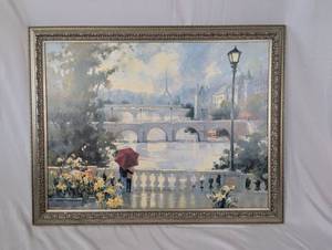 lot 113 image: Framed Landscape Painting with Figures and Bridge