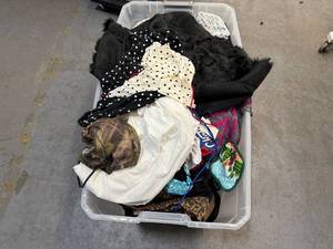 lot 201 image: Bin of clothes, shoes, bags, accessories