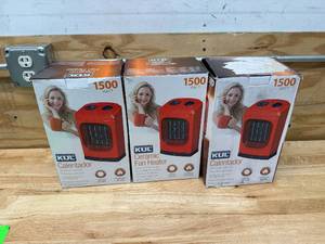 lot 202 image: KUL Lot of 3 - 1500 Watt Red Ceramic Fan Heater - Model 369927