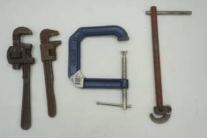 lot 113 image: Basin Wrench, C-Clamp, & 2 Vintage Pipe Wrenches