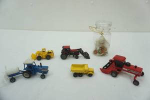 lot 278 image: Ertl & Hot Wheel Tractors & Construction Trucks, Glass Jar with Dart Pins