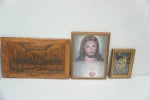 lot 317 image: Last Supper Hammered Metal Wall Hanging, Vintage 1960s Sacred Heart of Jesus Print, Joseph Patron of The Church