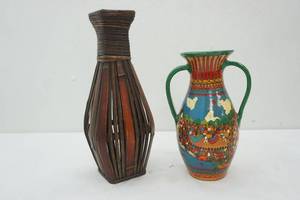 lot 364 image: Mexican Folk Art Talavera Style Pottery Vase & Wooden Wicker Vase
