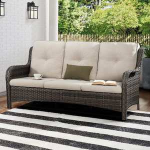 lot 46 image: JOYSIDE 3-Seat Brown Wicker Outdoor Couch Patio Sectional Sofa with Deep Seating and Beige Cushions