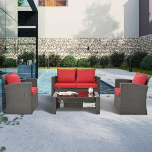 lot 48 image: Tunearary 4-Piece Brown PE Wicker Outdoor Patio Conversation Furniture Set with Tempered Glass Table (No Cushions)