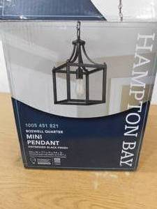 lot 138 image: Hampton Bay Boswell Quarter 9-12 in. 1-Light Distressed Black Farmhouse Mini-Pendant Kitchen Light